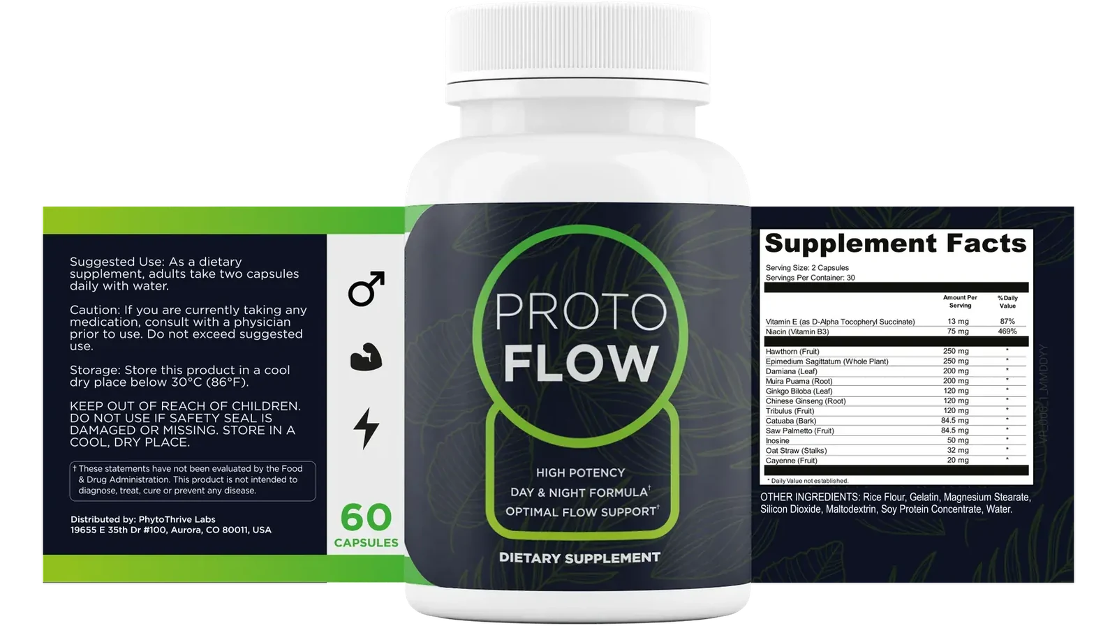 The full Protoflow wrap label: suggested use, caution, storage, the FDA statement, the front panel and the Supplement Facts