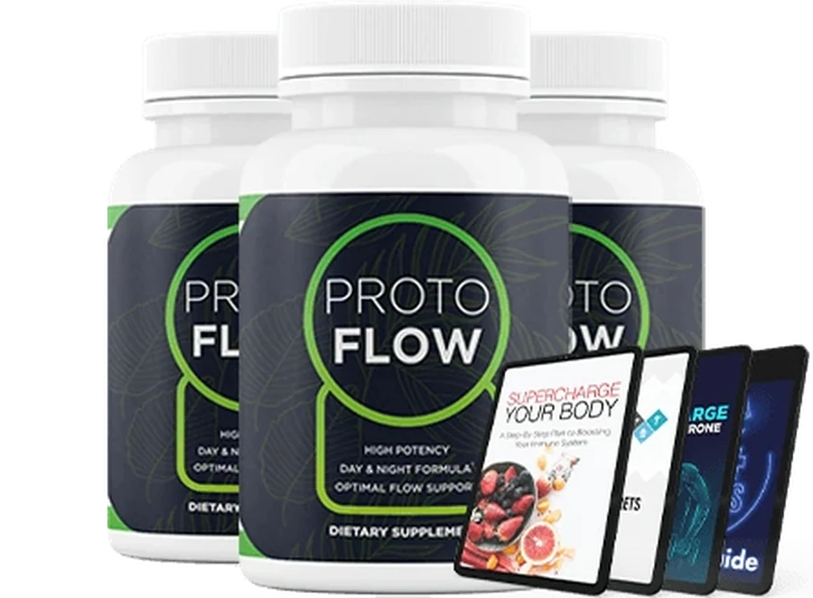 The Protoflow three-bottle pack photographed with the four digital bonus titles